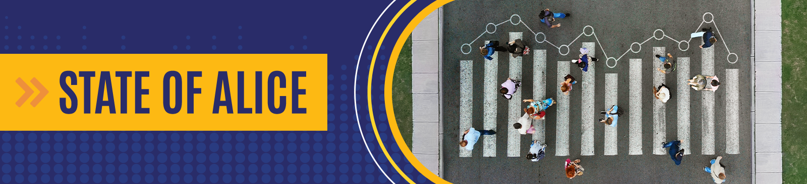 An overhead view of a small crowd crossing a street at a crosswalk, representing ALICE. Data markers connecting the crosswalk lines symbolize the latest State of ALICE research.